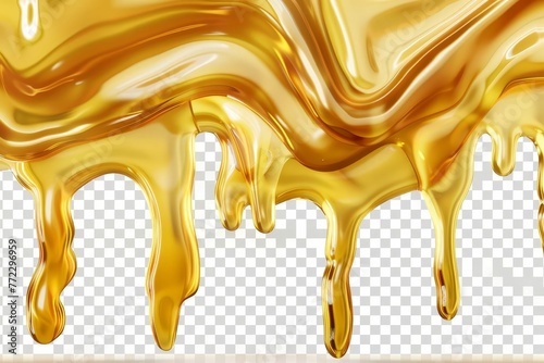 Honey dripping in golden wavy swirls, isolated on transparent background, 3D illustration