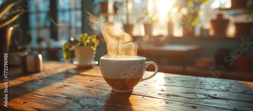 A hot aromatic cup of coffee steaming on a rustic wooden table.