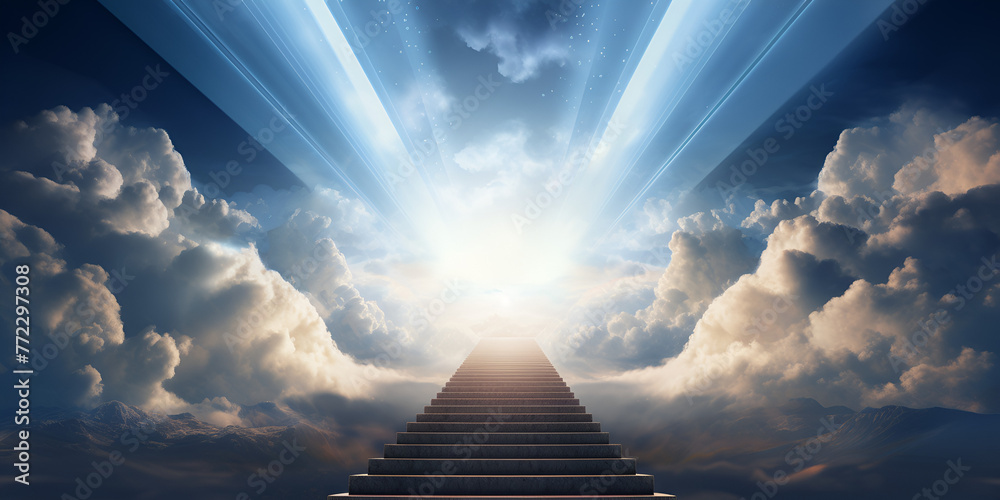 heavens door, Stairway and heavenly light in the white clouds background, ladder to the sky, Gates Of Heaven, Temple Of Heaven, Ascend to Paradise Stairway to Heaven, Generative AI