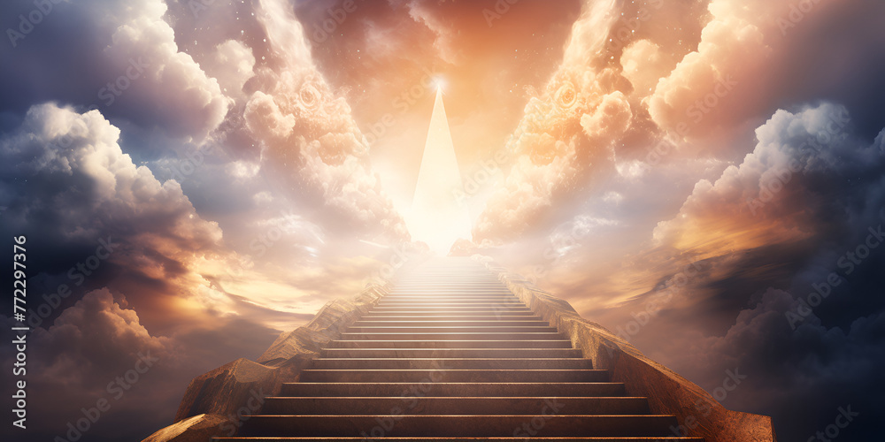 stairway to heaven, sky stair, Up Stair Set Of Stairs Leading To The Sky With Sunrise, A ladder in the clouds with the word heaven on it, Generative AI 