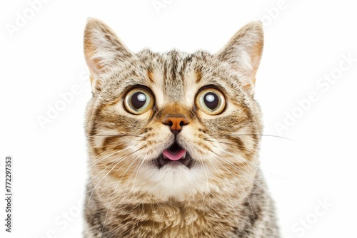 Hilarious Portrait of Surprised Cat with Wide Eyes and Open Mouth, Funny Animal Photography Isolated on White Background © Lucija