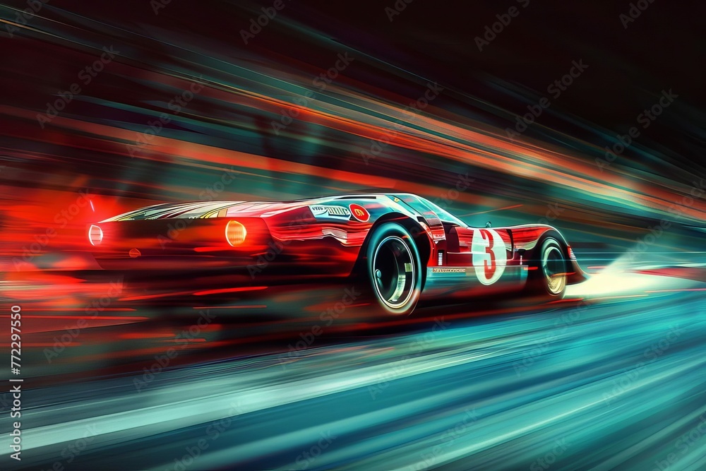 High-speed racing car, motion blur effect, competitive motorsport event, race track background, digital art illustration