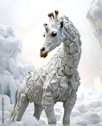 beautifful  white giraffe standing at ice water in Arctic ocean. close up. Digital conceptual  artwork. Ai generated photo