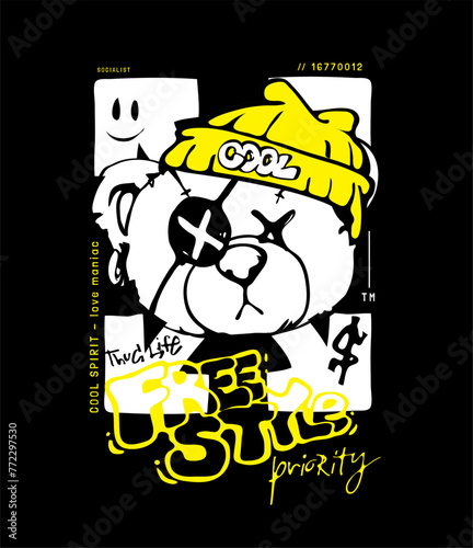 free style graffiti slogan with cartoon bear in bean hat out line hand drawn vector illustration on black background