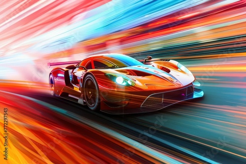 High-speed racing car, motion blur effect, competitive motorsport event, race track background, digital art illustration © Lucija