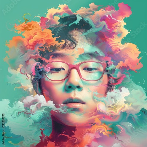 a man with glasses and colorful clouds