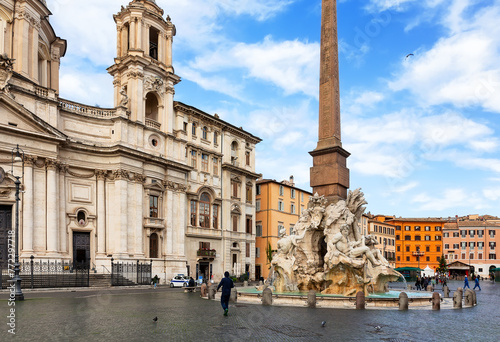 Fountain of Four Rivers (Fontana dei Quattro Fiumi) on Navona square, Rome, Italy.