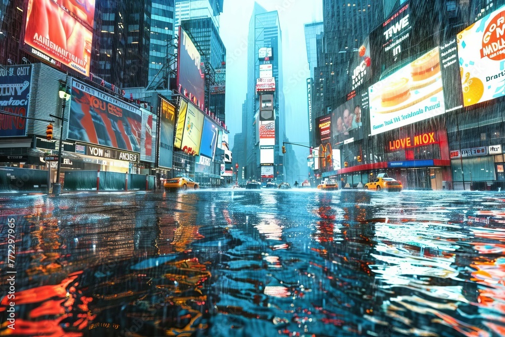 Heavy rain flooding the iconic Times Square in New York City, extreme weather illustration - obrazy, fototapety, plakaty 