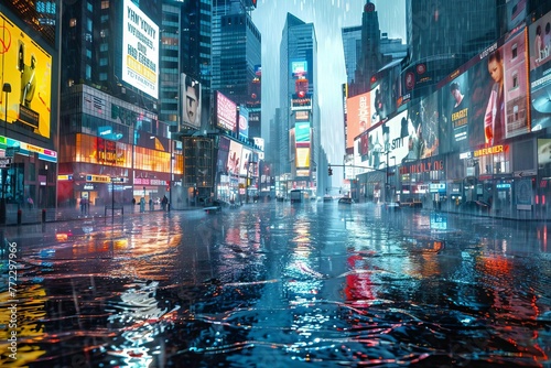 Heavy rain flooding the iconic Times Square in New York City  extreme weather illustration