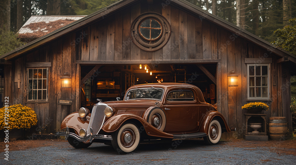 Fototapeta premium Elegant Vintage Car in Front of Historic Barn at Dusk