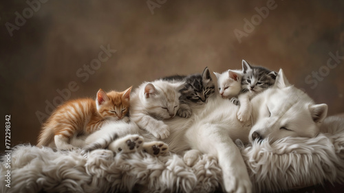 Dog sleeping with kittens on fur © Tomdv
