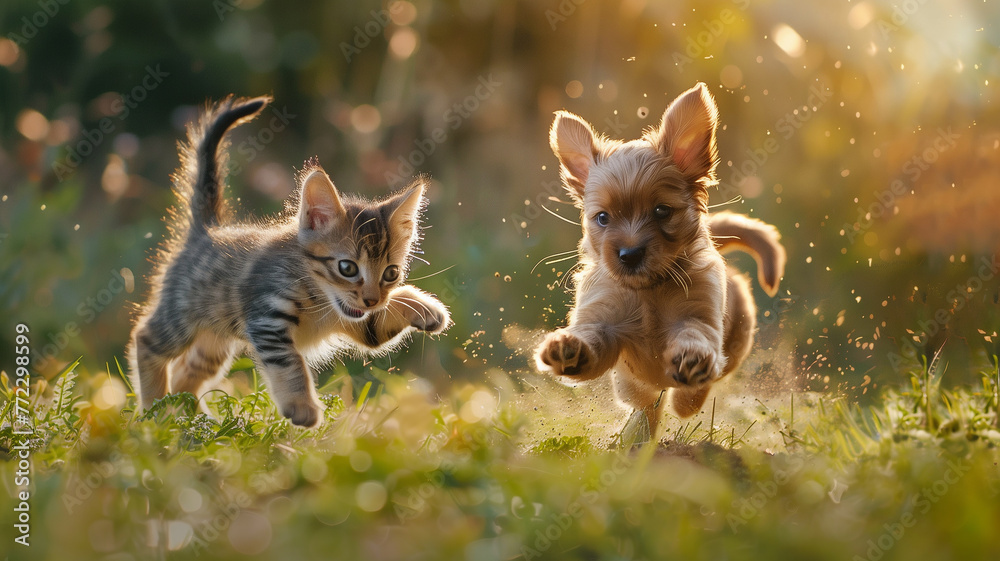 Puppy and kitten playing in grass