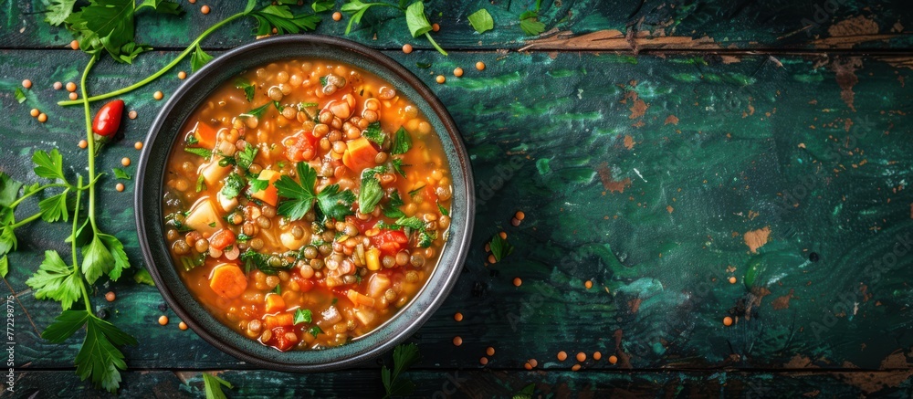 A bowl of vegan lentil soup placed on a green table, showcasing a healthy and nutritious legume dish. A bowl of vegan lentil soup placed on a green table, showcasing a healthy and nutritious legume dish.
