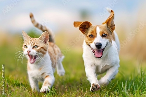 Happy dog and cat running and jumping in a field  blurred background