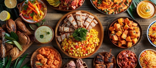 A wooden table is covered with a variety of traditional Brazilian Festa Junina dishes, including sweets, savory snacks, and beverages.