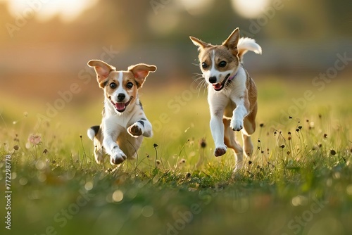 Happy dog and cat running and jumping in a field, blurred background