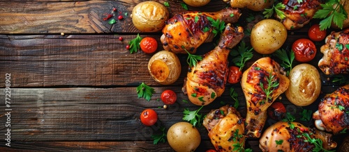 A variety of food items, including roasted chicken legs and potatoes, are spread out on a wooden table.
