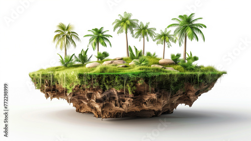 Floating island with trees and rocks on white background