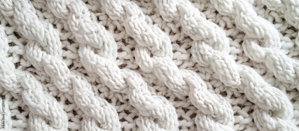 Detailed view of a white cable stitch knitted blanket, showcasing the intricate pattern and texture of the knit.