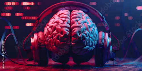 Music brain and musical therapy. Human brain with headphones. generative ai  photo