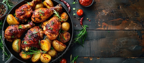 A pan filled with roasted potatoes and chicken legs served on a rustic wooden table. photo