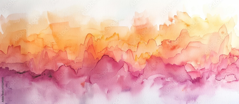 An abstract painting featuring fluid pink and yellow watercolor washes on paper. - obrazy, fototapety, plakaty 