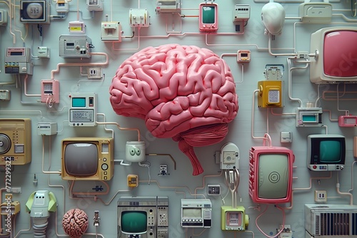 Human brain connected to various vintage and modern electronic devices, exploring the interface between biology and technology