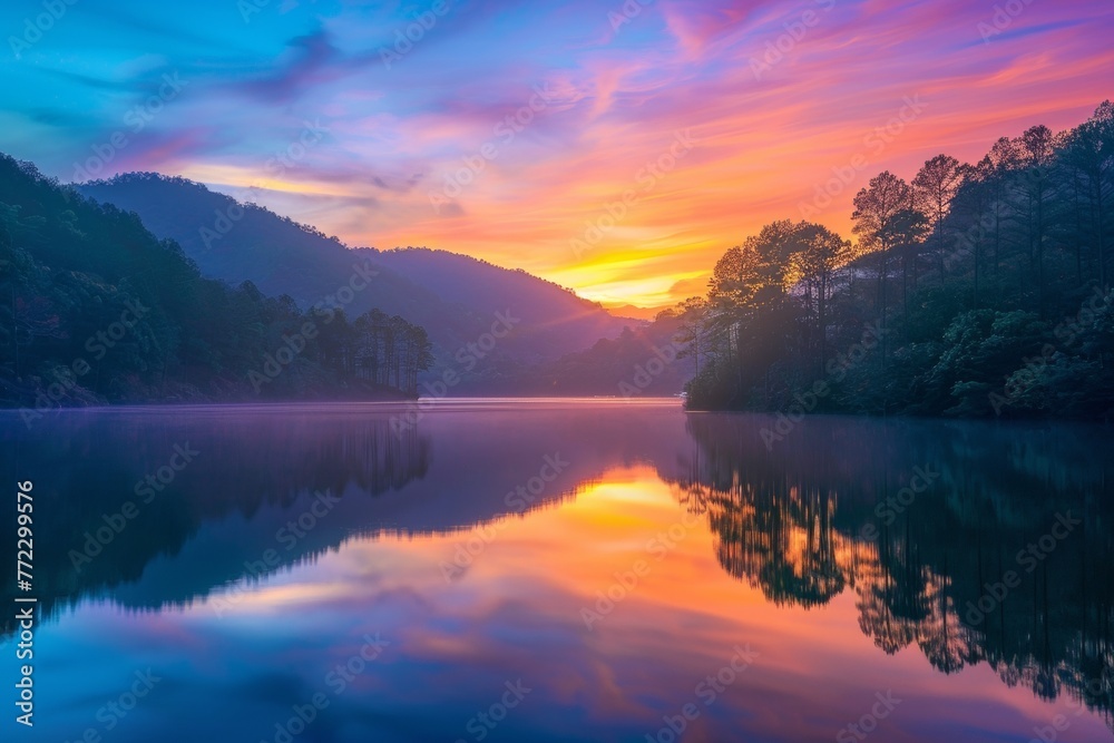 Spectacular Sunset Over Tranquil Mountain Lake