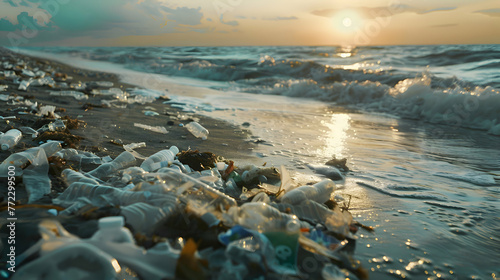 A polluted beach strewn with plastic waste washed ashore
