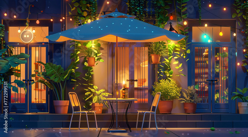 Terrace of a cafe or restaurant with a table  umbrella and chairs at night.