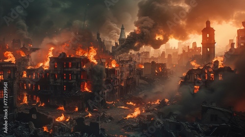 The city is on fire, wars are destroying it, leaving burning broken buildings with smoke and flames.