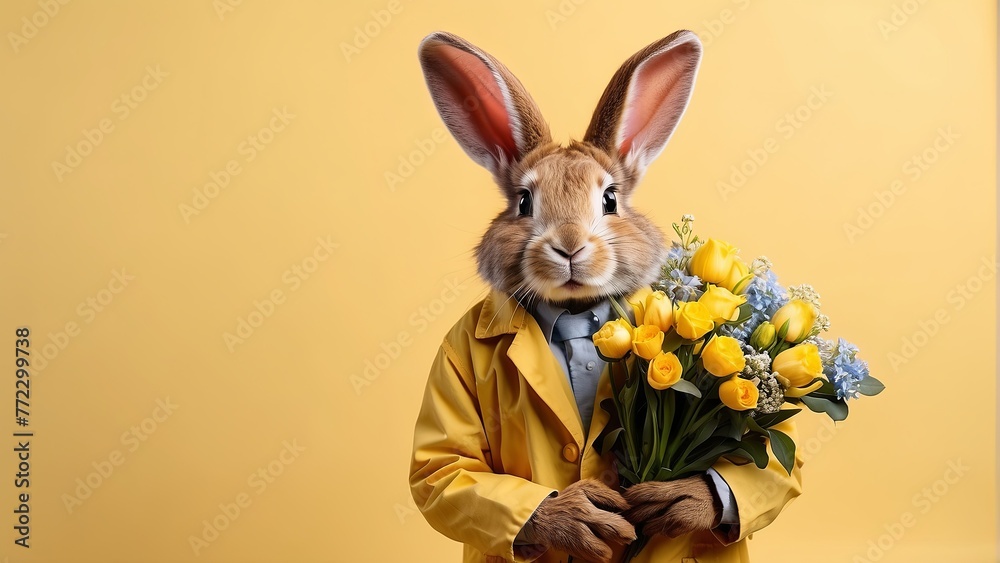 Fototapeta premium Easter rabbit doctor with bouquet of flowers on yellow background, copy space
