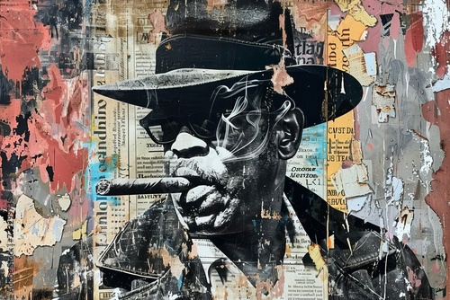 Grunge collage of torn newspapers, spray paint, and tough man smoking cigar, urban street art mixed media illustration
