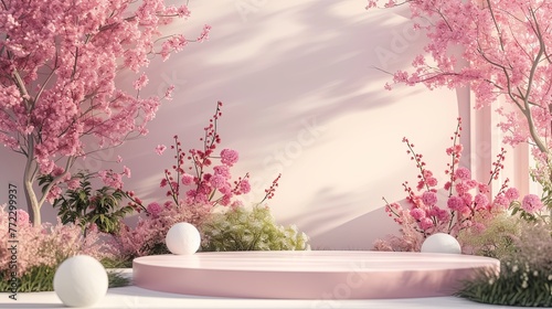 Abstract spring landscape scene with a podium for products and flowers