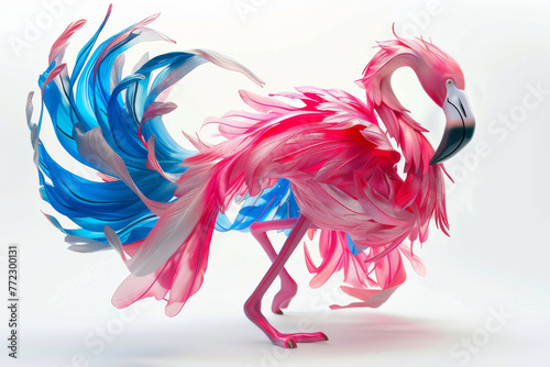 A pink and blue flamingo with a pink beak. The flamingo is made of plastic and has a very colorful appearance