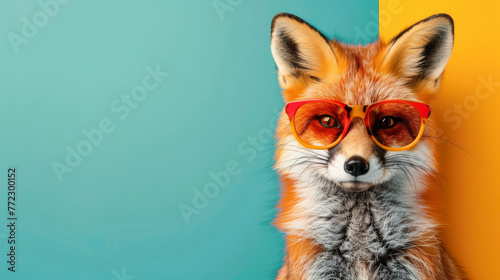 Party fox in chic glasses, vibrant clean colored backdrop