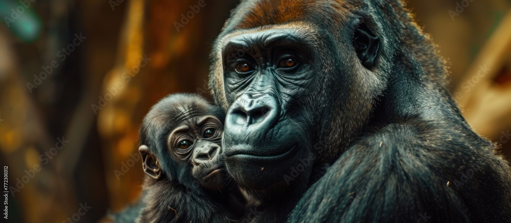 A mother gorilla tenderly holds her baby in her arms, showcasing a strong bond between the two primates. A mother gorilla tenderly holds her baby in her arms, showcasing a strong bond between the two primates.