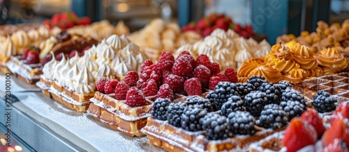 A variety of fruit-topped waffles arranged neatly on a table, showcasing a colorful and appetizing display of pastries.
