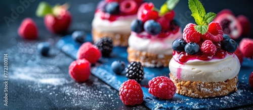 Assorted small desserts adorned with fresh berries and fluffy whipped cream presented on a blue plate.