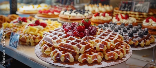 A variety of vivid and colorful Brusselsese waffles and other pastries showcased in a store for customers.