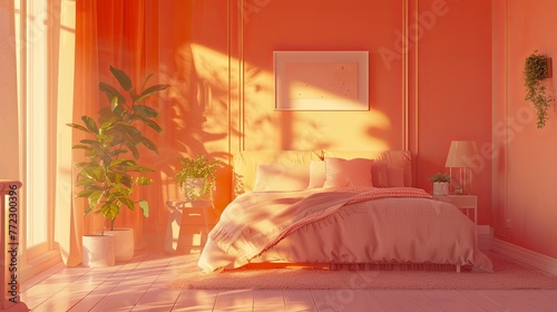 Bedroom with bed and big window with sun lights in a trendy peach color
