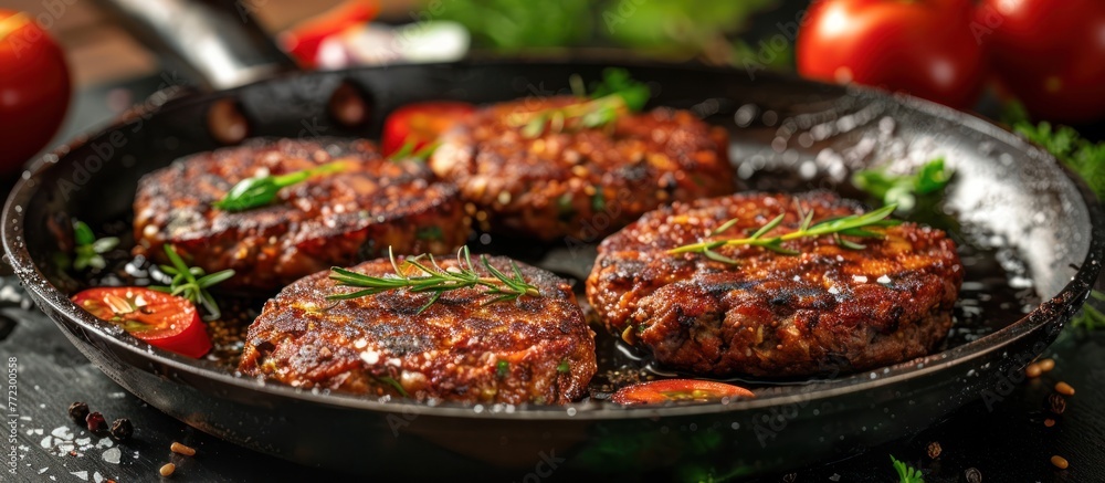 A frying pan filled with vegan burger patties and fresh tomatoes cooking on a stovetop. A frying pan filled with vegan burger patties and fresh tomatoes cooking on a stovetop.