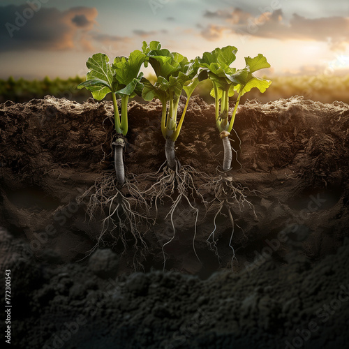 cross section of white round radish plant with layers of soil.