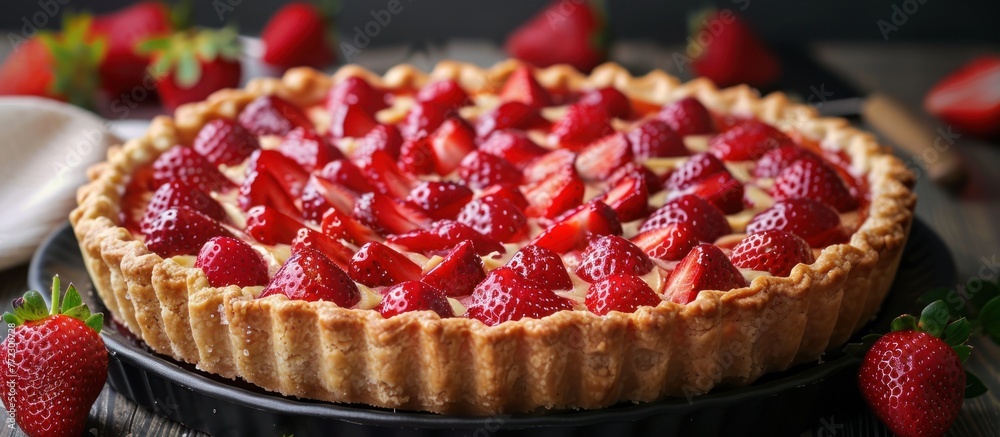 A detailed view of a delicious homemade strawberry pie on a plate, adorned with fresh and juicy strawberries. A detailed view of a delicious homemade strawberry pie on a plate, adorned with fresh and juicy strawberries.