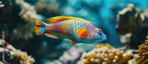A vibrant Parrotfish is swimming in the clear water.