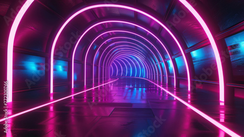 Vibrant neon tunnel swirling into infinity  dark contrast