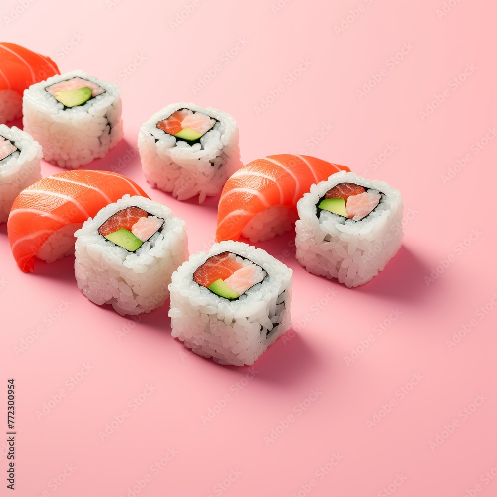 Sushi rolls in a row with salmon, avocado, tuna and cucumber on pink background. Closeup of delicious Japanese food Sushi rolls in a row with salmon, avocado, tuna and cucumber on pink background. Closeup of delicious Japanese food