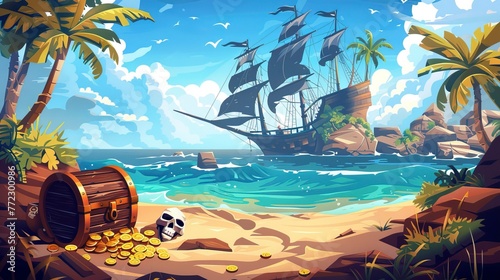 Pirate vintage tropical island with treasures. © Terablete