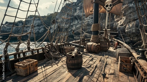 View of the wooden deck of a pirate ship photo