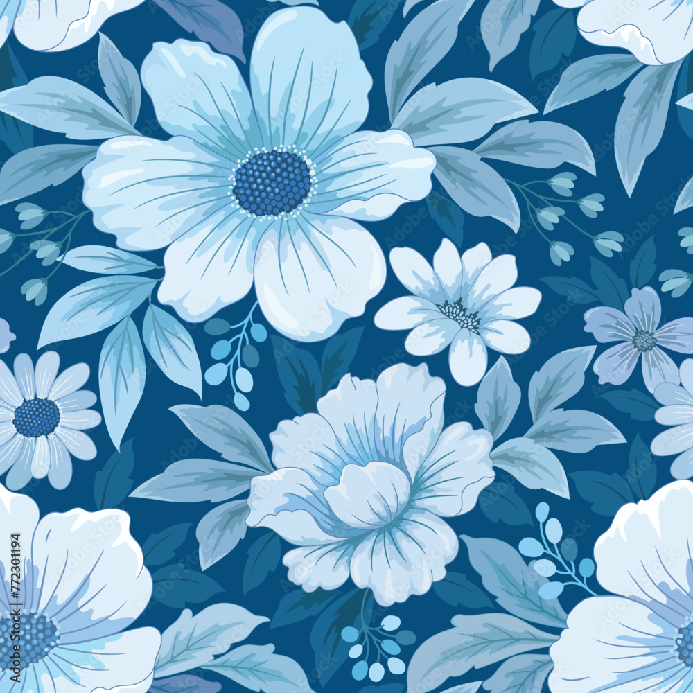 Seamless flowers and leaves in white and blue color pattern. Can be used for fabric, textile, wallpaper, gift wrap paper, background. Seamless flowers and leaves in white and blue color pattern. Can be used for fabric, textile, wallpaper, gift wrap paper, background.